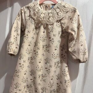 Floral Print Velour Collared Girls Winter Holiday Dress